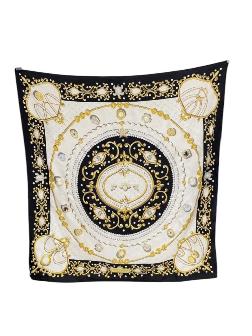 Vintage 90s Joan Rivers Classics Collection Silk Scarf Black Gold Baroque Print